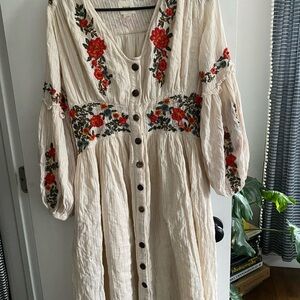 Maeve Cream Dress with Red Floral Embroidery